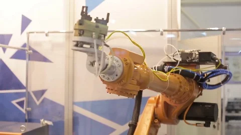 The robot-the conveyor moves the workpiece_3 Stock Footage 76953263