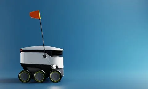 Robot courier delivering parcel to customer house on blue backdrop backgrou.. Stock Illustration