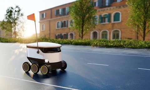 Robot courier delivering parcel to customer house on street road with city .. Stock Illustration