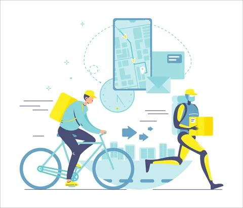 Robot courier with parcel running ahead of delivery man riding bike. Robots Stock Illustration