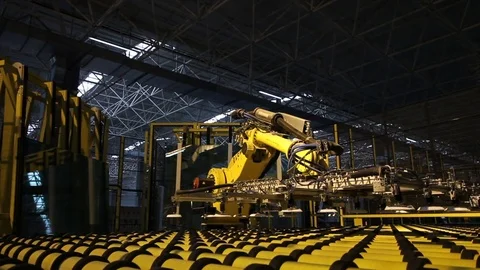 Robot Crane Loads Large Glass Sheet to Stack Stock Footage 72725251