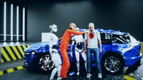 Robot crash test dummy and man. Future concept. Realistic 4k animation. Stock Footage 161057968
