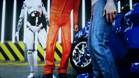 Robot crash test dummy and man. Future concept. Realistic 4k animation. Video stock 161058364