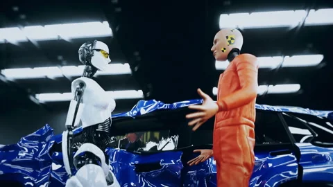 Robot crash test dummy and female robot. Future concept. Realistic 4k animation. Stock Footage 161058930