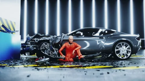 Robot crash test dummy sitting near destroyed car crash test. Future concept Video stock 161060624