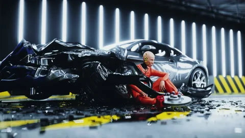 Robot crash test dummy sitting near destroyed car crash test. Future concept Video stock 161060702