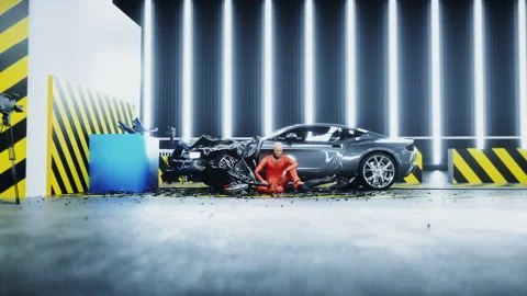 Robot crash test dummy sitting near destroyed car crash test. Future concept Video stock 161060925