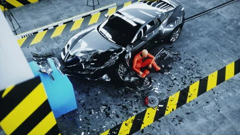 Robot crash test dummy sitting near destroyed car crash test. Future concept Video stock 161061214