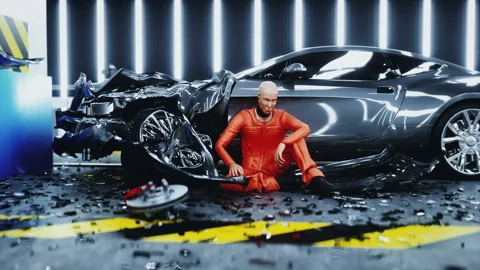 Robot crash test dummy sitting near destroyed car crash test. Future concept Stock Footage 161061312