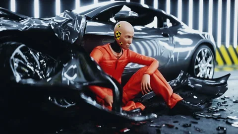 Robot crash test dummy sitting near destroyed car crash test. Future concept Video stock 161061408