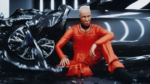Robot crash test dummy sitting near destroyed car crash test. Future concept Video stock 161061627