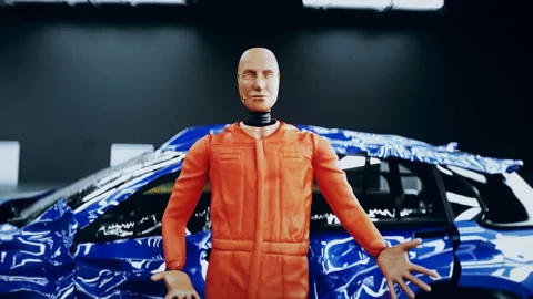 Robot crash test dummy speaking near car crash test. Future concept. Realistic Stock Footage 161059574