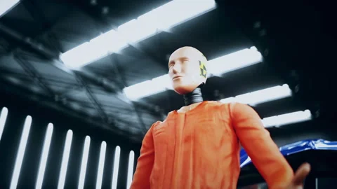 Robot crash test dummy speaking near car crash test. Future concept. Realistic Stock-Footage 161059722