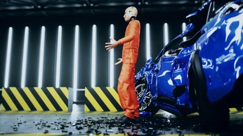 Robot crash test dummy speaking near car crash test. Future concept. Realistic Video stock 161060032