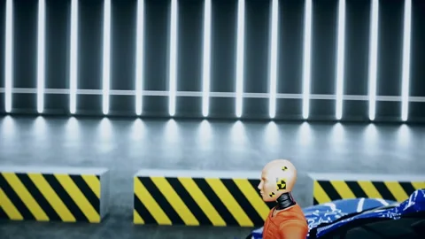 Robot crash test dummy speaking near car crash test. Future concept. Realistic Video stock 161060090