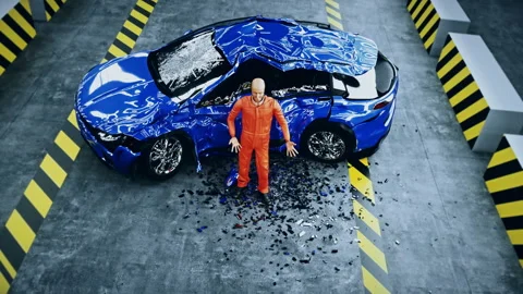 Robot crash test dummy speaking near car crash test. Future concept. Realistic Vídeos de archivo 161060372