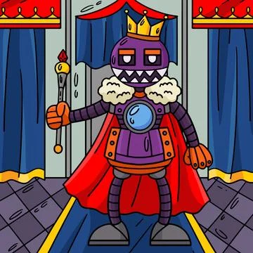Robot with Crown and Scepter Colored Cartoon Stock Illustration