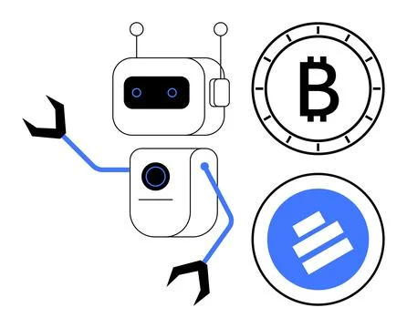 Robot with Cryptocurrency Symbols Representing Bitcoin and Blockchain Techn.. Stock-Illustration