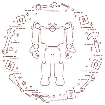 Robot, cubes, screwdriver, wrench, screw, hammer. Stock Illustration