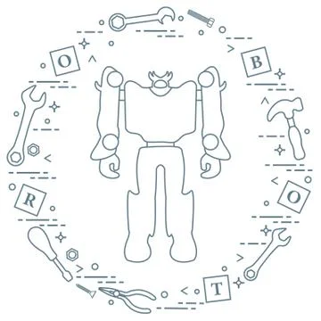 Robot, cubes, screwdriver, wrench, screw, hammer. Stock Illustration