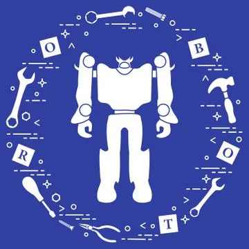 Robot, cubes, screwdriver, wrench, screw, hammer. Stock Illustration