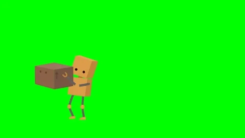 A robot with a cubic geometric shape that walks and lifts a box with mechanical Stock Footage 286338481