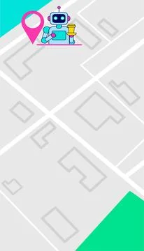 Robot with a cup of coffee. Place on the map, geolocation, geoposition. Stock Illustration