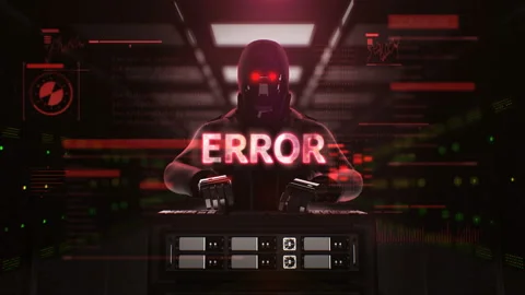 Robot, Cyborg Hacker working on a computer, 'ERROR' artificial intelligence, 4K. Stock Footage 94074409