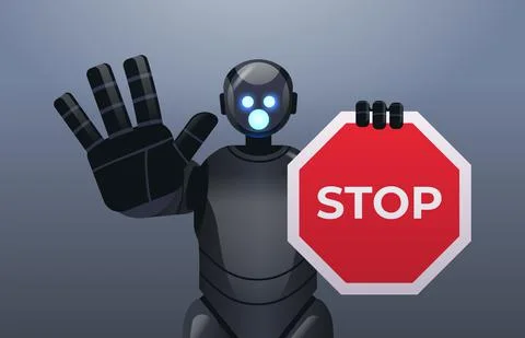 Robot cyborg holding red stop sign robotic character showing no entry hand Stock Illustration