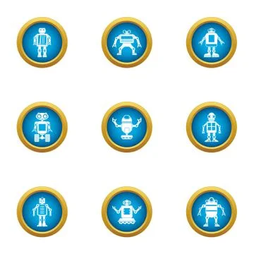 Robot cyborg icons set, flat style Stock Illustration