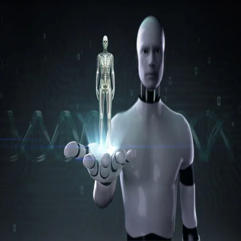 Robot, cyborg open palm, Rotating Female Human skeletal structure, bone system. Stock Footage