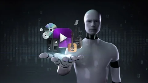 Robot cyborg open palm, various music download internet service function. Stock Footage 69930969