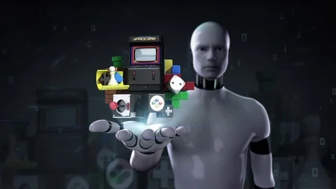 Robot cyborg open palm, video game contents download internet service function. Stock Footage 69931863