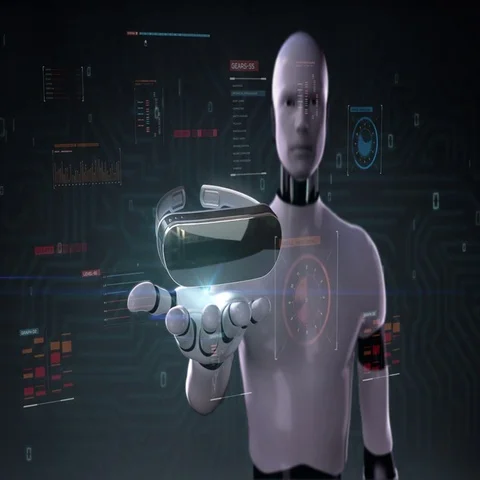 Robot, cyborg open palm, VR glasses with digital interface UI.augmented reality. Stock Footage 69700491