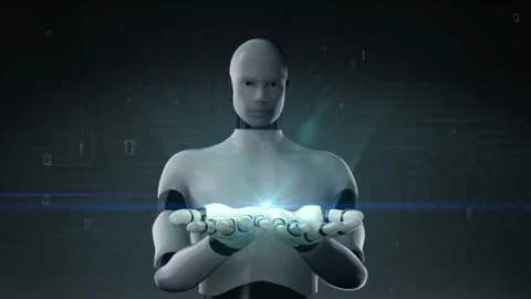 Robot, cyborg open palms in digital interface background 4K size movie. Video stock 86891711