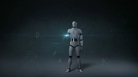 Robot, cyborg open palms in digital interface, body, 4K size movie. Video stock 86891792