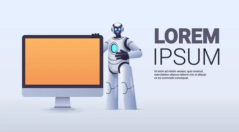 Robot cyborg standing near computer monitor robotic character artificial Stock Illustration