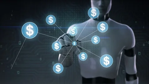 Robot cyborg touching Dollar currency symbol, dots makes global world map, 2. Stock Footage 79875696