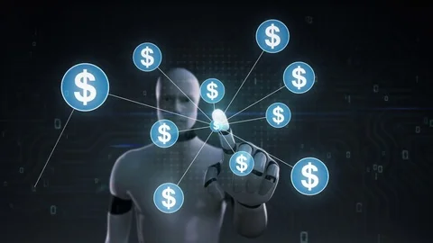 Robot cyborg touching Dollar currency symbol, dots makes global world map, 1. Stock Footage 79875789