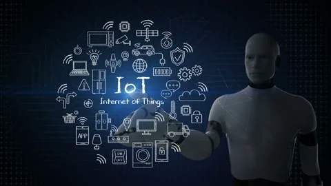 Robot, cyborg touching icon, Hand drawing Internet of things icon. 4K Movie. Stock Footage 88427495