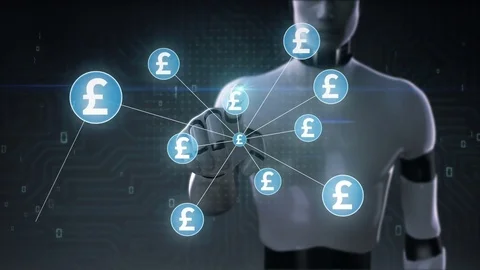 Robot cyborg touching Pound currency symbol, dots makes global world map, 2. Stock Footage 79875749
