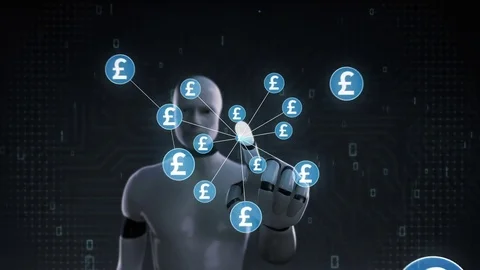 Robot cyborg touching Pound currency symbol, dots makes global world map, 1. Stock Footage 79875817