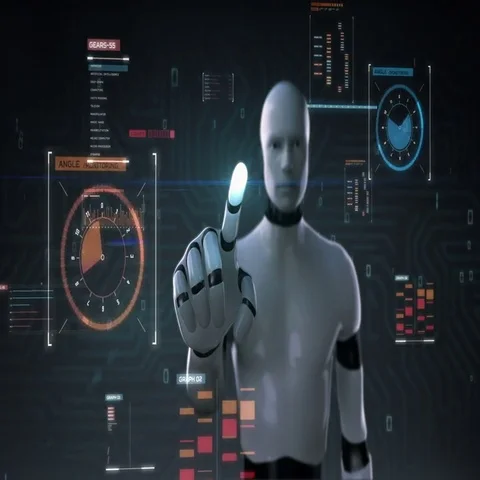 Robot cyborg touching user interface, digital display, artificial intelligence Video stock 69437908