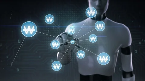 Robot cyborg touching Won currency symbol, dots makes global world map, 2. Stock Footage 79875760