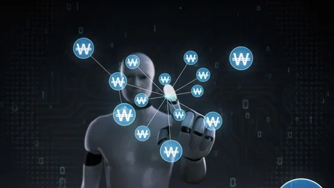 Robot cyborg touching Won currency symbol, dots makes global world map, 1. Stock Footage 79875833