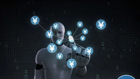 Robot cyborg touching Yen currency symbol, dots makes global world map, 1. Stock Footage 79875861
