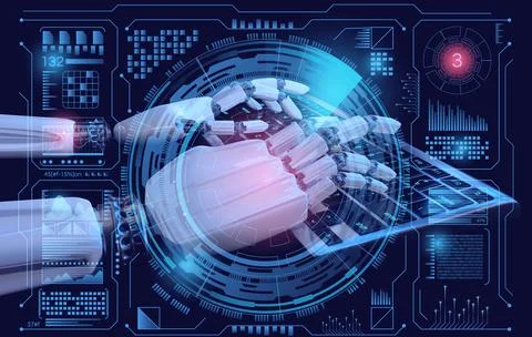 Robot cyborg typing on keyboard. Sci fi Hologram control panel. Stock Illustration