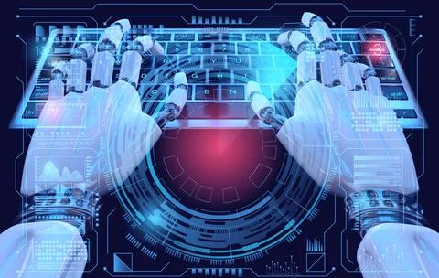 Robot cyborg typing on keyboard. Sci fi Hologram control panel. Stock Illustration