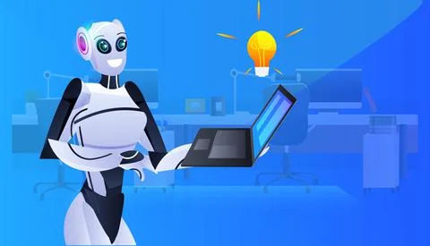 Robot cyborg using laptop modern robotic character with bright bulb new project Stock Illustration