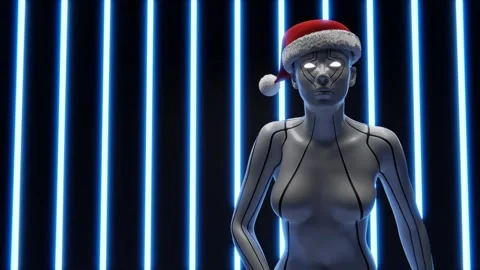A robot dances in a Santa Claus hat against the backdrop of flashing lights Stock Footage 257798460